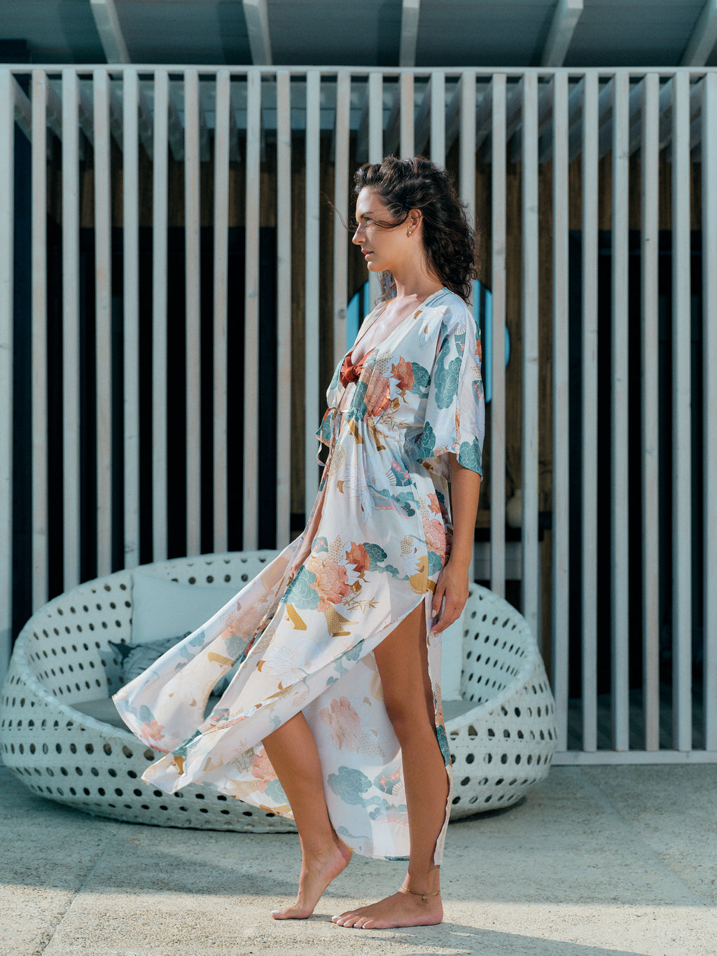 beach kimono long ivory satin chiffon, Yugen collection detail side view