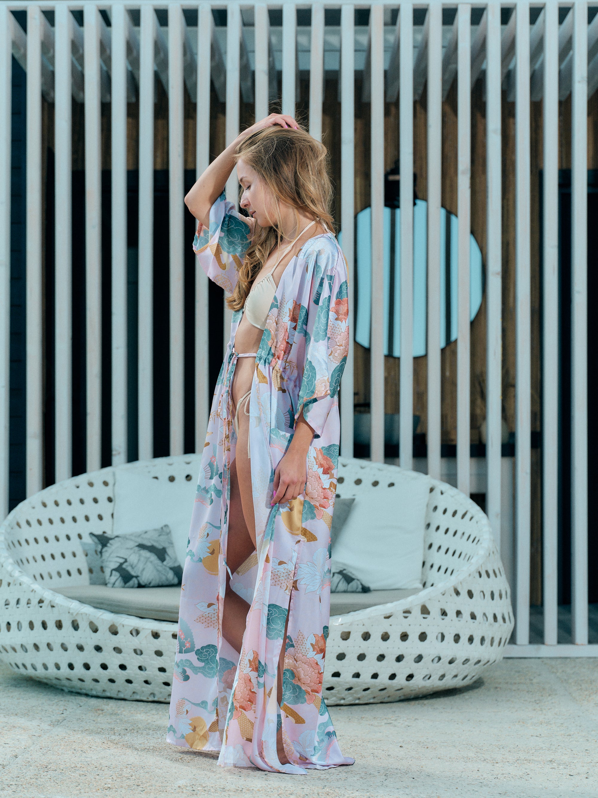 festival kimono long pink satin chiffon, Yugen collection side view