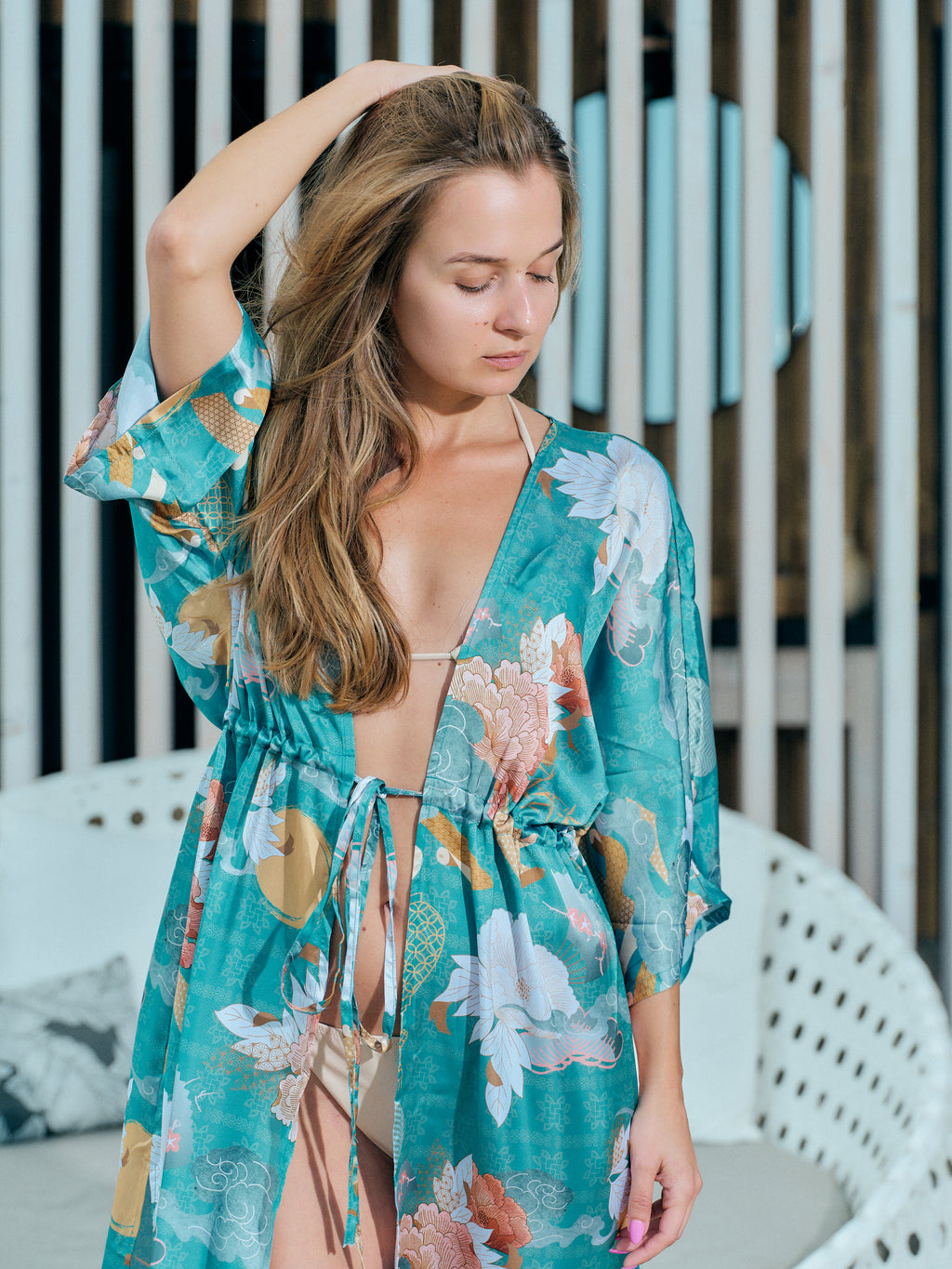 beach kimono long turquoise satin chiffon, Yugen collection detail front view
